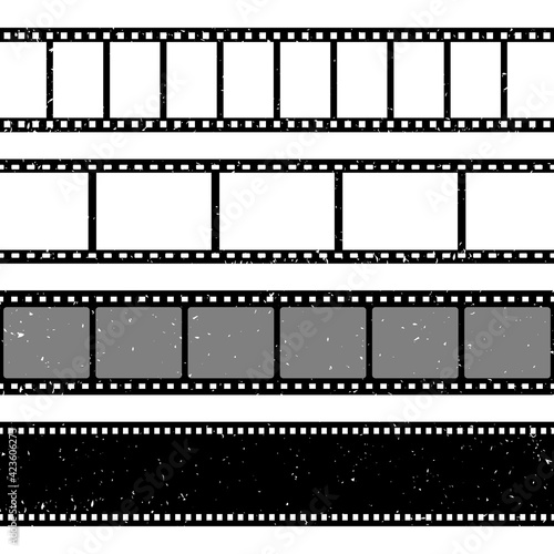 Grunge film strips collection. Old retro cinema movie strip. Video recording. Vector illustration.