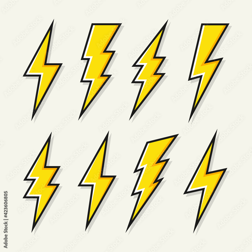 Yellow lightning bolt icons collection. Flash symbol, thunderbolt