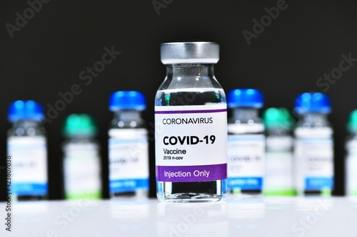 Vaccination treatment Covid-19 Coronavirus 2019 ncov virus. Numerous bottles in a research laboratory ready to be analyzed and compared before being put on sale