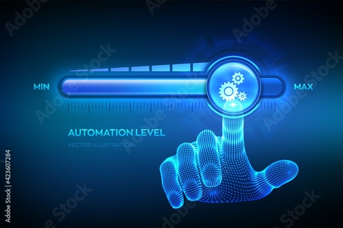 Increasing automation level. RPA Robotic process automation innovation technology concept. Wireframe hand is pulling up to the maximum position progress bar with the gears icon. Vector illustration.