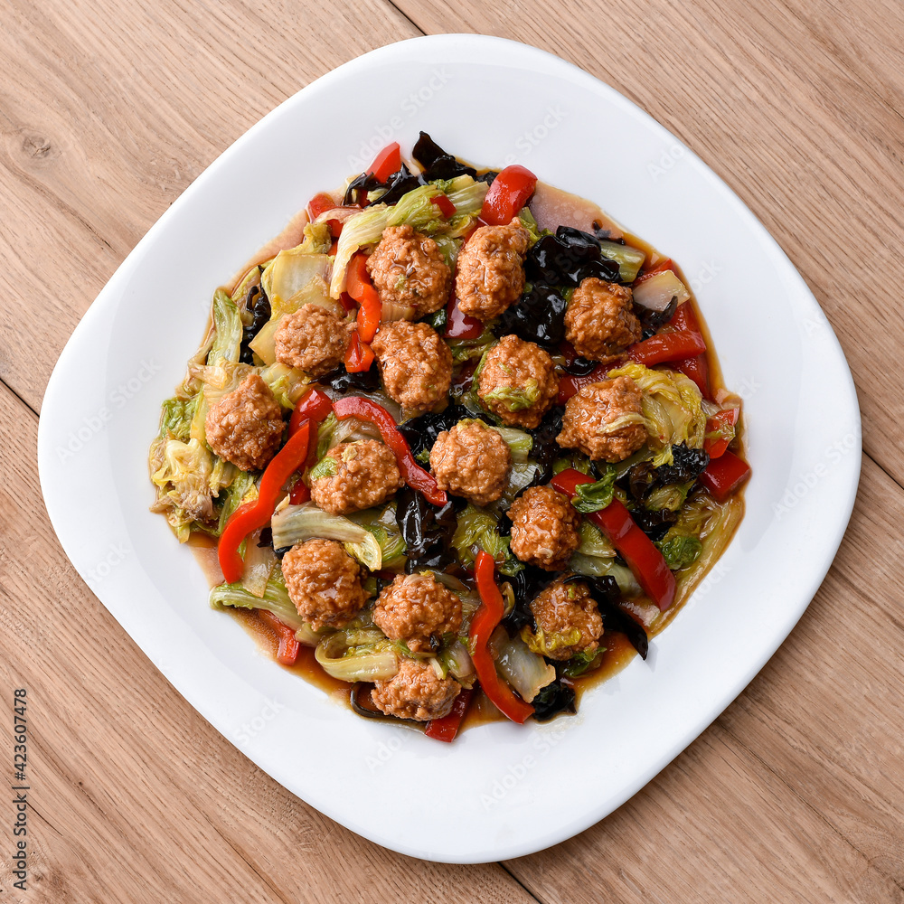 Original chinese dish - meat balls with various vegetables. Original chinese dish - meat balls with various vegetables.