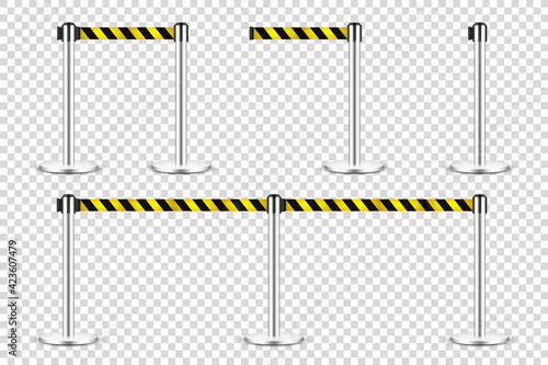 Realistic retractable belt stanchion on transparent background. Crowd control barrier posts with caution strap. Queue lines. Restriction border and danger tape. Vector illustration.