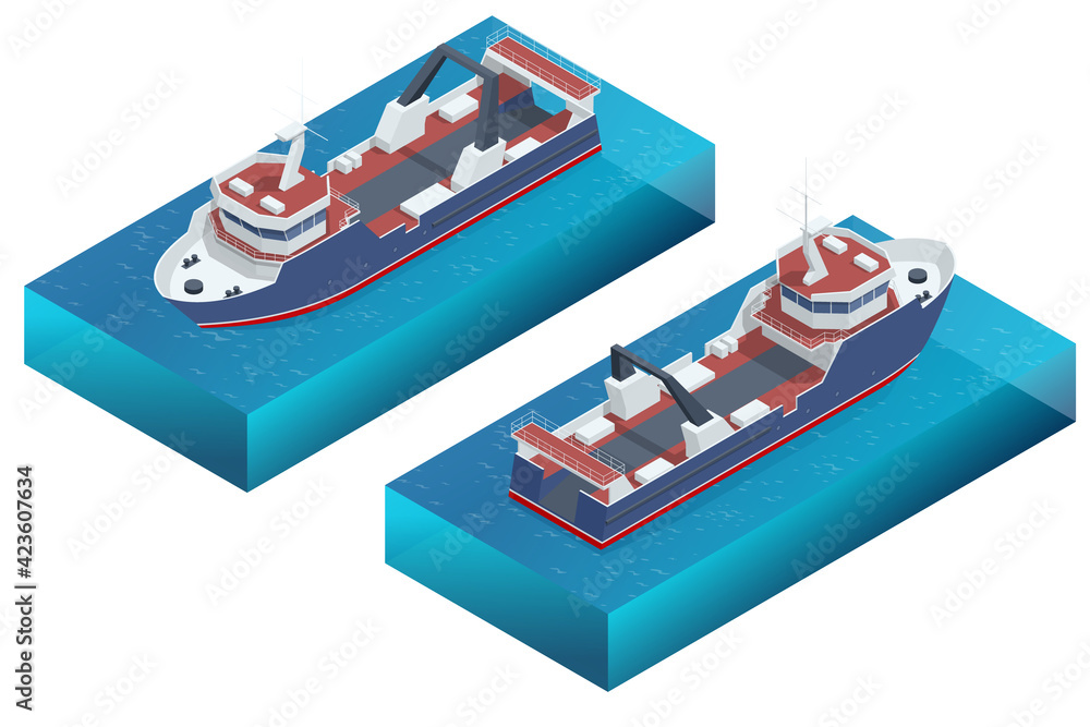Fototapeta premium Isometric Fishing Trawler. Sea or ocean transportation, marine ship for industrial seafood production. Sea trawler vessel. Fishing boat