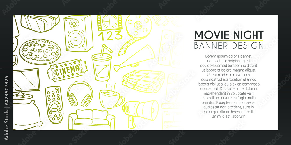 Naklejka premium Movie Night Doodle. Film Background Hand drawn. Cinema Film Icons illustration. Vector Horizontal Design.