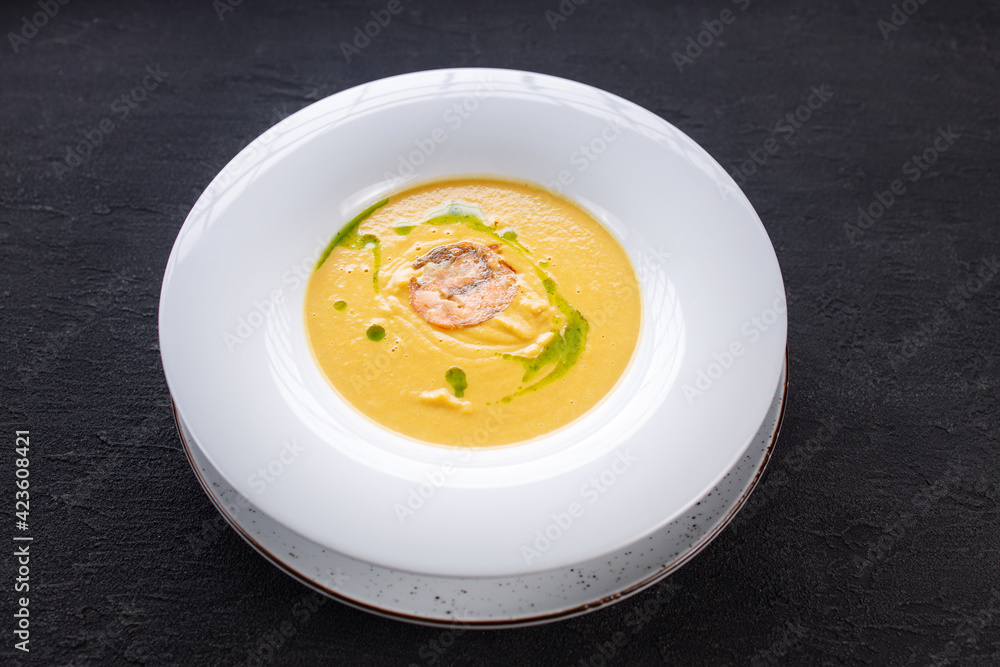 Cheese cream soup with chicken, restaurant menu