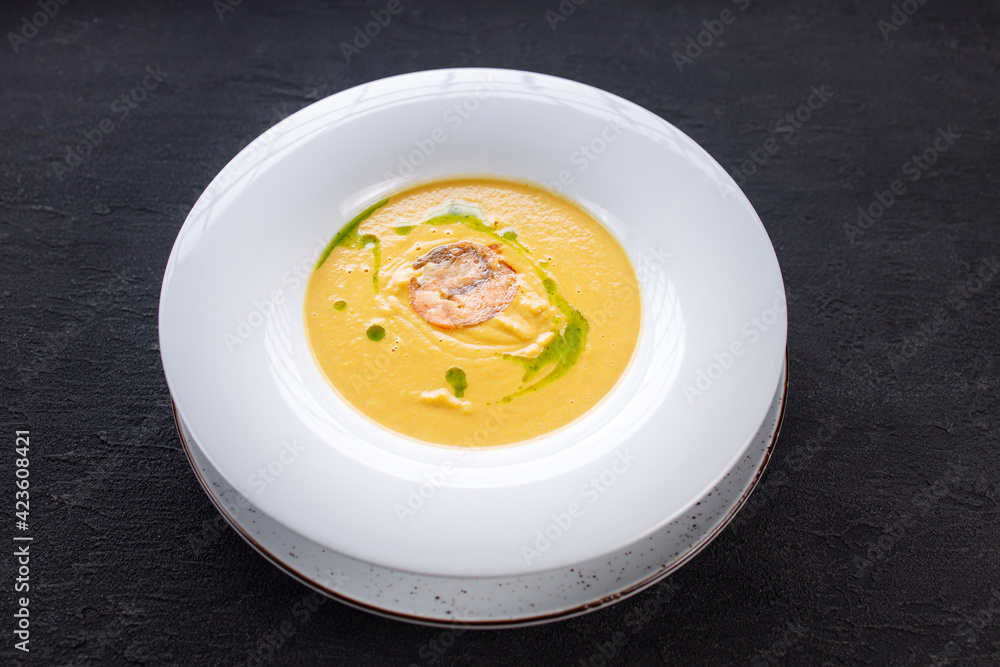 Cheese cream soup with chicken, restaurant menu Cheese cream soup with chicken, restaurant menu