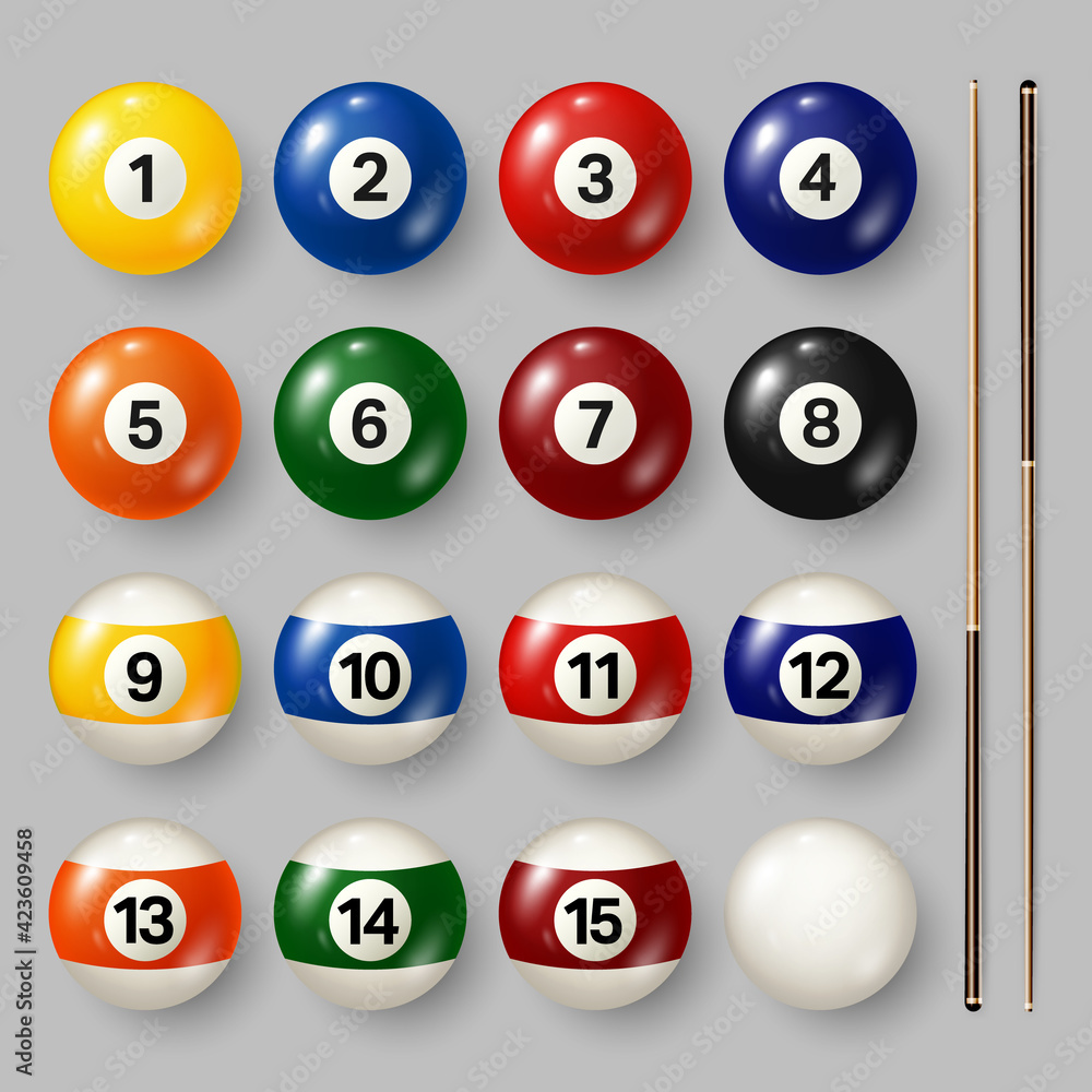 Colorful billiard, pool balls with numbers on gray background. Realistic glossy snooker ball. Vector illustration. Colorful billiard, pool balls with numbers on gray background. Realistic glossy snooker ball. Vector illustration.