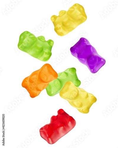 Falling Colorful jelly gummy bear, isolated on white background, clipping path, full depth of field