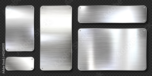 Realistic shiny metal banners set. Brushed steel plate with screws. Polished silver metal surface. Vector illustration.