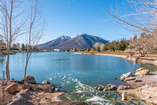 Flagstaff snow covered mountain with lake and hiking trails