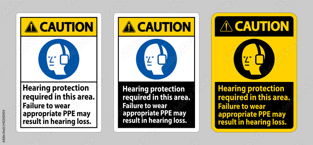 Caution Sign Hearing Protection Required In This Area, Failure To Wear Appropriate PPE May Result In Hearing Loss