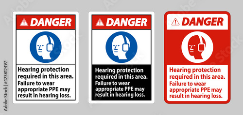 Danger Sign Hearing Protection Required In This Area, Failure To Wear Appropriate PPE May Result In Hearing Loss