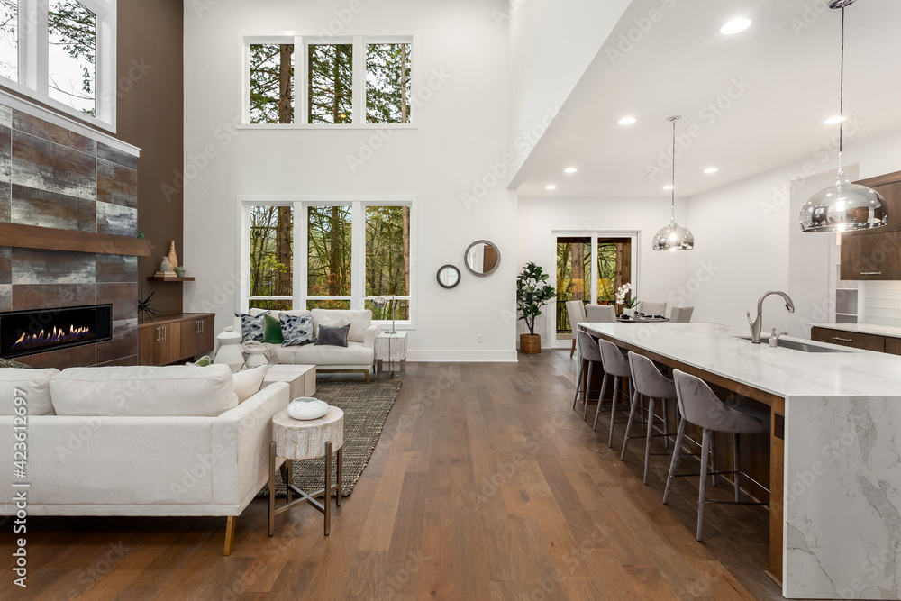 Beautiful living room and kitchen in new modern luxury home with open ...