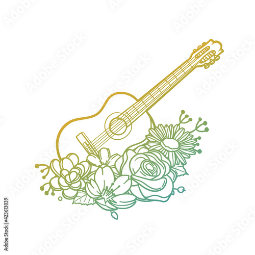 Guitar Rose Flower with Vintage Instrument Design. Music Floral frame ornament vector style. Decoration Design Wreat illustration.