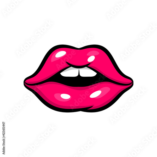 Pink red woman lips in pop art style.