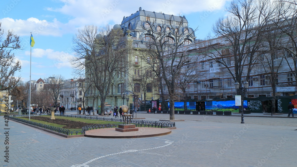 Derebasovskaya, one of the central pedestrian streets of old Odessa, in the historical part of the city.