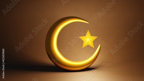 Photo Crescent moon and stars golden Islamic symbol 3D rendering