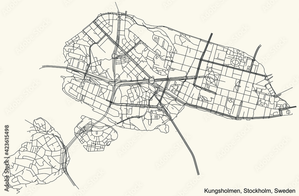Black simple detailed street roads map on vintage beige background of the quarter Kungsholmen district of Stockholm, Sweden