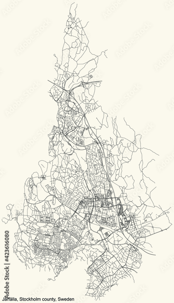 Fototapeta premium Black simple detailed street roads map on vintage beige background of the quarter Järfälla municipality of Stockholm county, Sweden