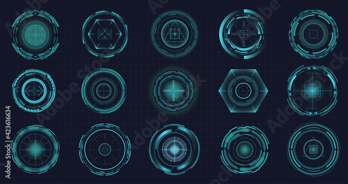 Modern aiming system ui, ux. Futuristic optical aim. Military collimator sight, gun targets focus range indication. Gaming and hi-tech. Sci-fi futuristic spaceship crosshair. Vector illustration