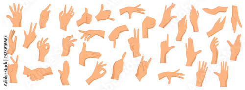 Various gestures of human hands isolated on a white background. Different human finger gesture signs collection. Vector illustration