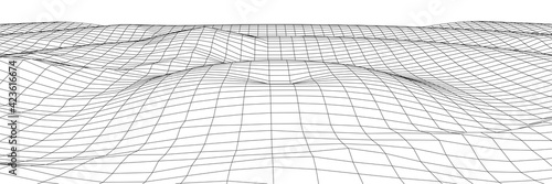 Wireframe 3D landscape mountains. Wireframe landscape wire. 3d landscape. Digital retro landscape cyber surface. Vector illustration.