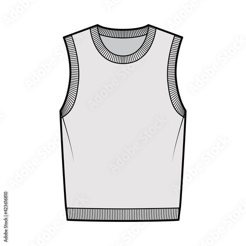 Pullover vest sweater waistcoat technical fashion illustration with sleeveless, rib knit round neckline, oversized body. Flat template front, grey color style. Women, men, unisex top CAD mockup