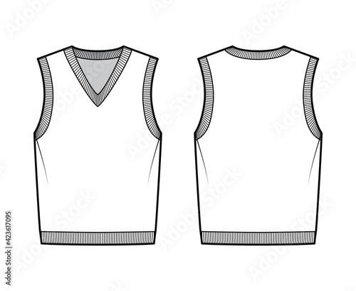 Pullover vest sweater waistcoat technical fashion illustration with sleeveless, rib knit V-neckline, oversized body. Flat template front, back, white color style. Women, men, unisex top CAD mockup