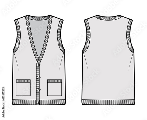 Cardigan vest sweater waistcoat technical fashion illustration with sleeveless, rib knit V-neckline, button closure, pockets. Flat template front, back, grey color. Women, men, unisex top CAD mockup