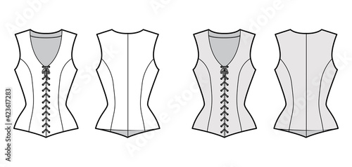 Bodice vest waistcoat technical fashion illustration with sleeveless, V-neck, lacing front closure, fitted body. Flat template back, white, grey color style. Women, men, unisex top CAD mockup