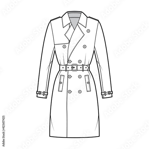 Trench coat technical fashion illustration with belt, double breasted, fitted, long sleeves, napoleon wide lapel collar, knee length, storm flap. Flat jacket template front, white color. Women top CAD