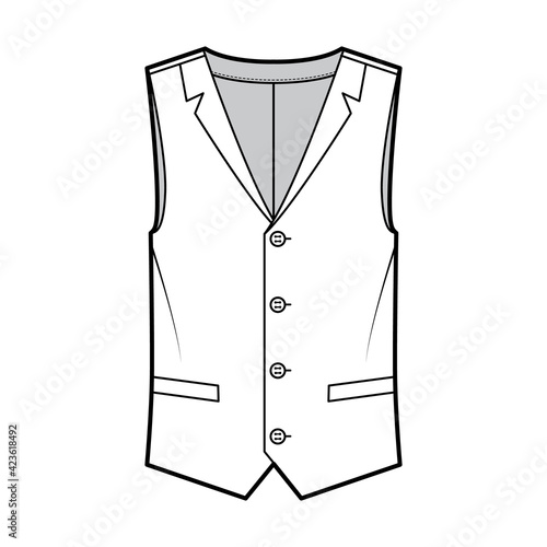 Lapelled vest waistcoat technical fashion illustration with sleeveless, notched shawl collar, button-up closure, pockets. Flat template front, white color style. Women, men, unisex top CAD mockup