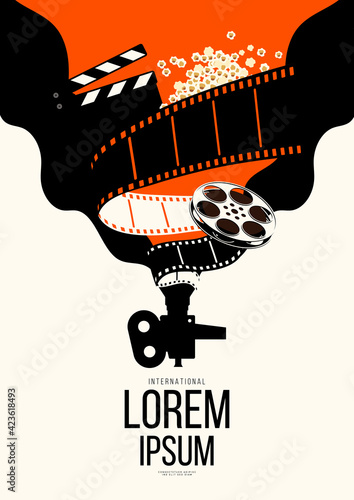 Movie and film poster design template background with vintage film reel