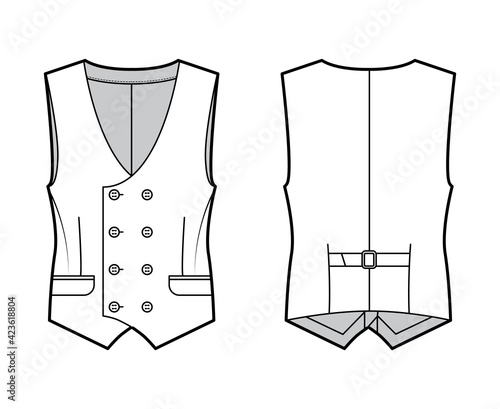 Double breasted vest waistcoat technical fashion illustration with sleeveless, button-up closure, flap pockets, fitted body. Flat template front, back, white color style. Women, men, unisex CAD mockup