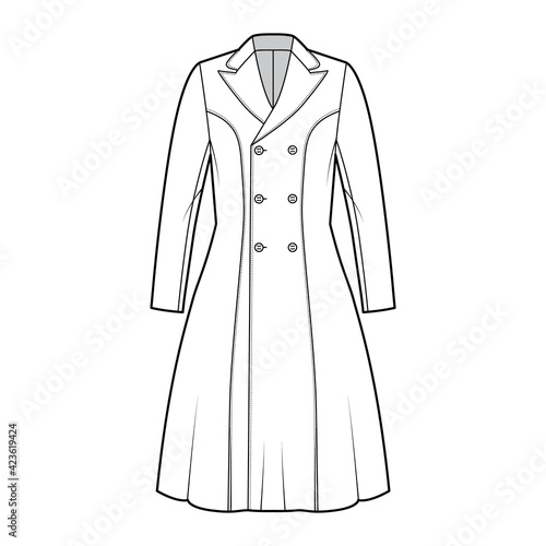 Princess line coat technical fashion illustration with double breasted, fitted body, peak lapel collar, knee length. Flat jacket template front, white color style. Women, men, unisex top CAD mockup