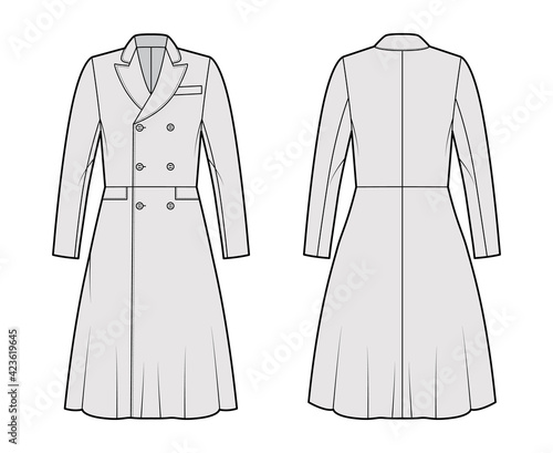 Frock coat technical fashion illustration with double breasted, fitted body, round collar peak, knee length, A-line skirt. Flat jacket template front, back, grey color style. Women, men top CAD mockup