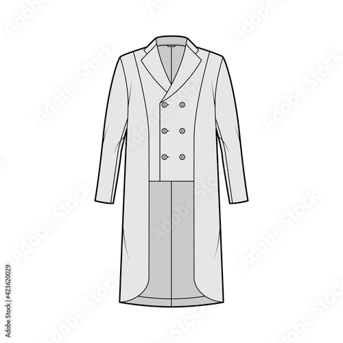 Horse riding jacket tuxedo technical fashion illustration with double breasted, long sleeves, peaked collar, low high hem. Flat show equestrian coat template front grey color style. Women, men top CAD