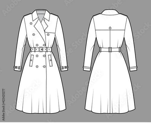 Full Trench coat technical fashion illustration with belt, napoleon wide lapel collar, knee length, storm flap. Flat jacket template front, back, white color style. Women, men, unisex top CAD mockup