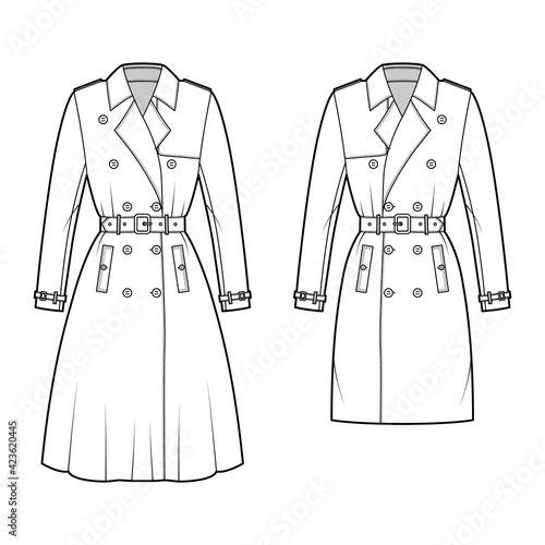 Set of Trench coats technical fashion illustration with belt, double breasted, long sleeves, napoleon wide lapel collar, storm flap. Flat jacket template front, white color. Women, men top CAD mockup