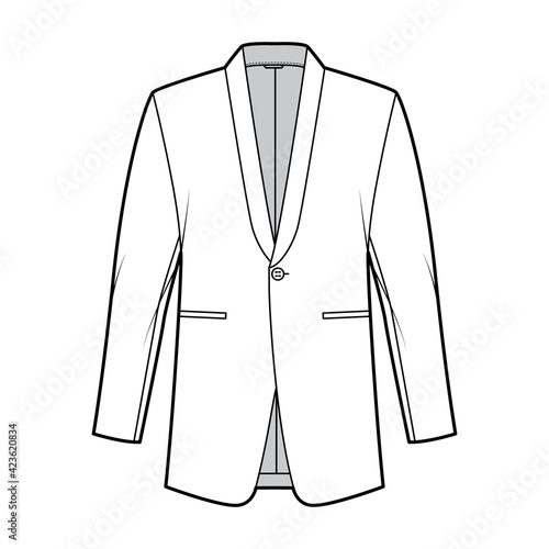 Dinner jacket tuxedo suit technical fashion illustration with long sleeves, shawl lapel collar, welt pockets, regular front cut. Flat coat template white color style. Women, men, unisex top CAD mockup