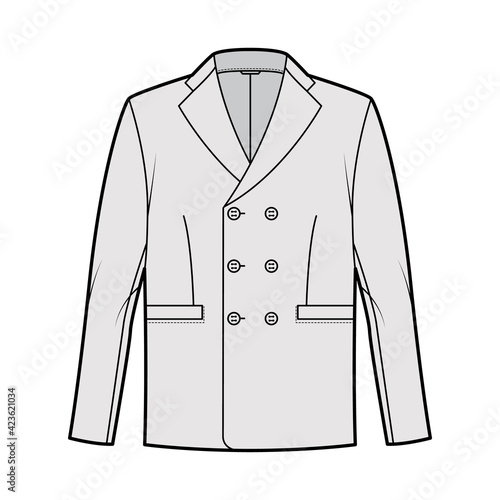Double breasted jacket suit technical fashion illustration with long sleeves, notched lapel collar, flap welt pockets. Flat coat template front, grey color style. Women, men, unisex top CAD mockup