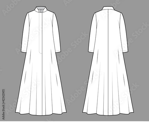 Opera coat technical fashion illustration with long sleeves, stand collar, oversized trapeze body, floor maxi length. Flat jacket template front, back, white color style. Women, men, unisex CAD mockup