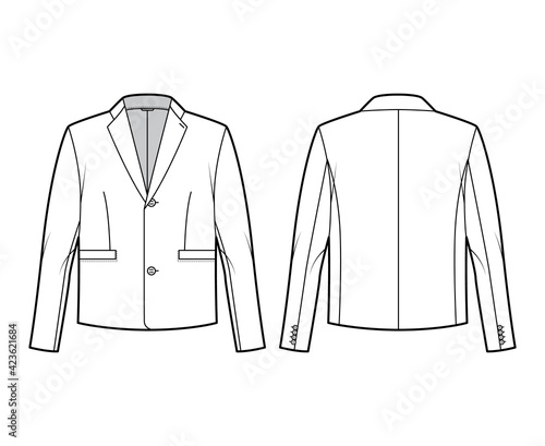 Single breasted jacket suit technical fashion illustration with long sleeves, notched lapel collar, flap welt pockets. Flat coat template front, back, white color style. Women, men, unisex CAD mockup