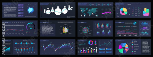 Dark Presentation slide with gradient graphic elements. Business report and project data visualization. Slide with statistical, data analytics and information. Vector presentation with infographics