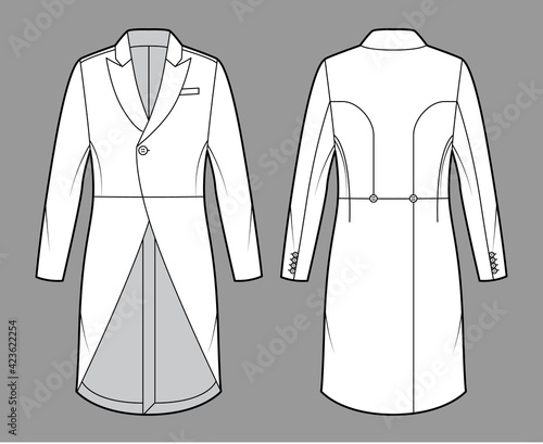Morning coat jacket technical fashion illustration with long sleeves, peaked lapel collar, cutaway front, welt pocket. Flat template, back, white color style. Women, men, unisex top CAD mockup