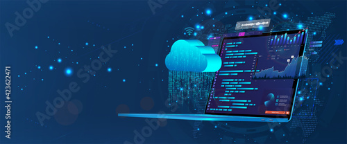 Laptop with programming code on screen with software development UI and saving data to cloud storage. Web coding and synchronization with the cloud service via the Internet. Programming concept photo