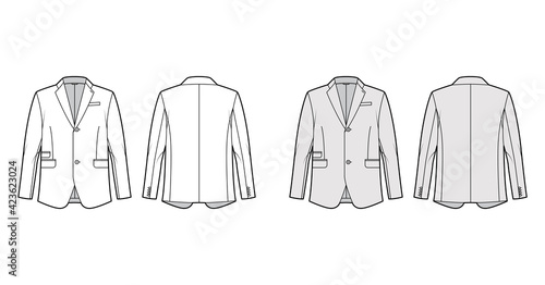 Tailored jacket lounge suit technical fashion illustration with long sleeves, notched lapel collar, flap went pockets. Flat coat template front, back, white, grey color style. Women, men, CAD mockup