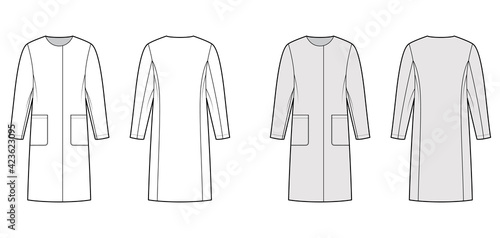 Straight coat technical fashion illustration with long sleeves, oversized body, knee length, hide closure. Flat jacket template front, back, white, grey color style. Women, men, unisex top CAD mockup