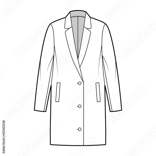 Oversized jacket technical fashion illustration with notched elongated lapel collar, long sleeves, welt pockets, button opening. Flat coat template front, white color style. Women, men top CAD mockup