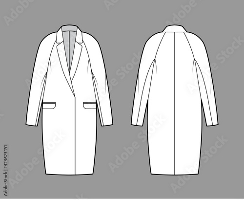 Cocoon jacket technical fashion illustration with notched lapel collar, oversized, long raglan sleeves, hide opening. Flat coat template front, back white color style. Women, men unisex top CAD mockup